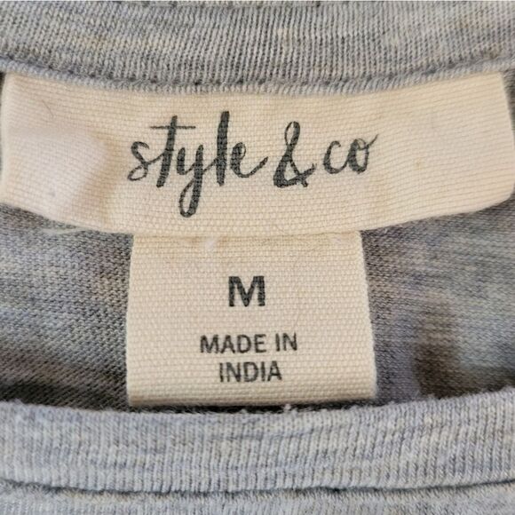 Style & Co. Women's Heart Trimmed Gray with Navy Casual Long Sleeve Pullover Top - Picture 2 of 14